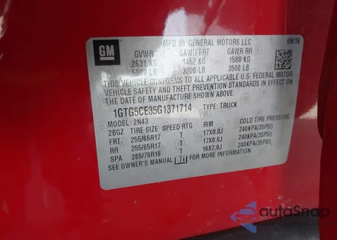 2016 GMC Canyon Sle из США, поврежденный, VIN 1GTG5CE35G1371714